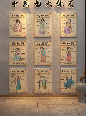 中医文化养生馆九大体质装饰挂画艾灸按摩推拿馆形象背景墙面布置