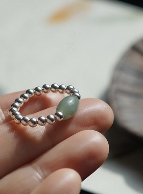 小银珠翡翠戒指925纯银玉石尾戒