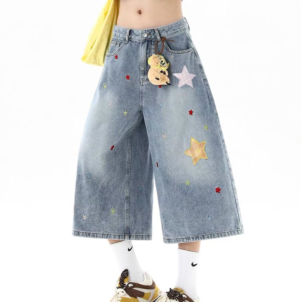 个性彩色星星水洗牛仔裤女夏季宽松直筒阔腿显瘦百搭做旧七分短裤
