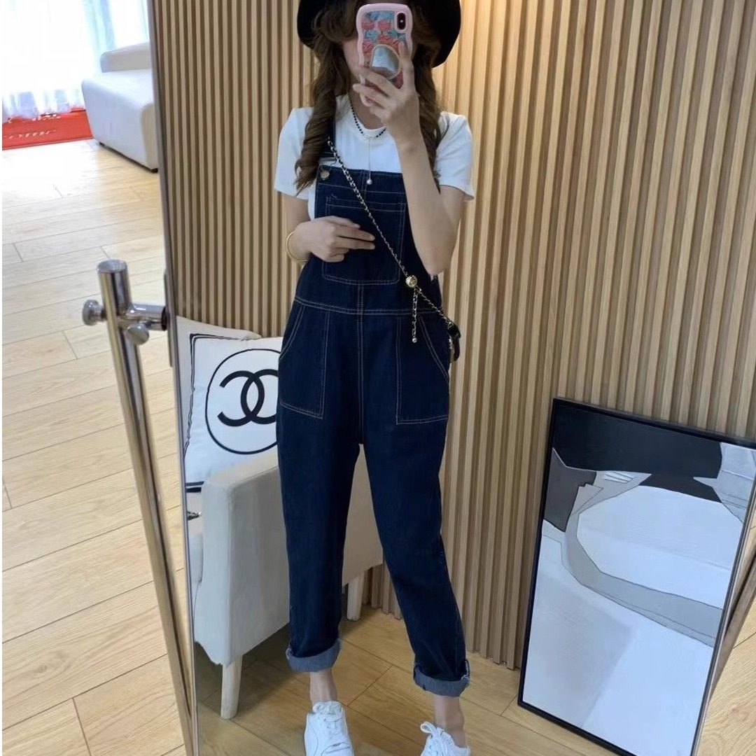 牛仔背带裤女减龄百搭2025春夏新款韩版宽松直筒高腰大口袋连体裤