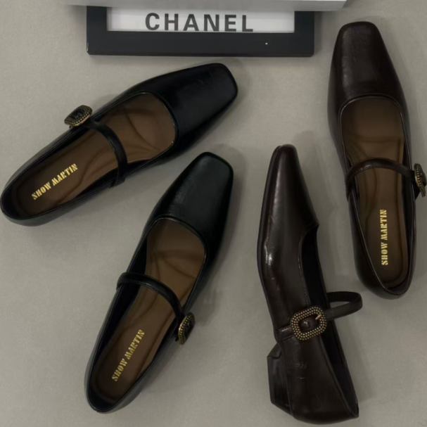 方头浅口玛丽珍鞋秋季法式单鞋黑色软底圆头女鞋厚底