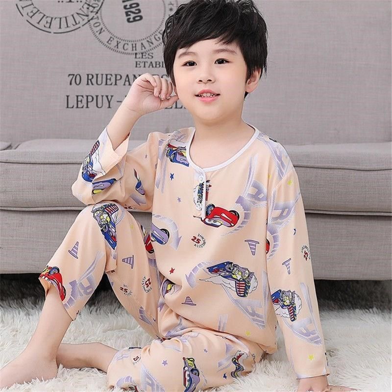 夏季儿童绵绸睡衣男童女童纯棉绸宝宝小孩东方绸家居服长袖薄稠春