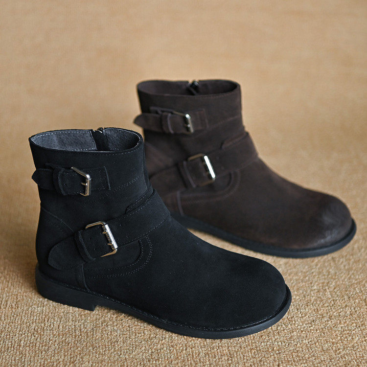 复古磨砂牛皮圆头低跟马丁靴女25新真皮休闲皮带扣短靴侧拉链靴子,女鞋,马丁靴,淘宝优惠券,粉丝福利购,淘宝优惠卷