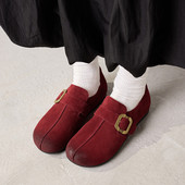 新年红色圆头复古勃肯鞋 舒适乐福鞋 女 磨砂牛皮真皮深口春秋单鞋