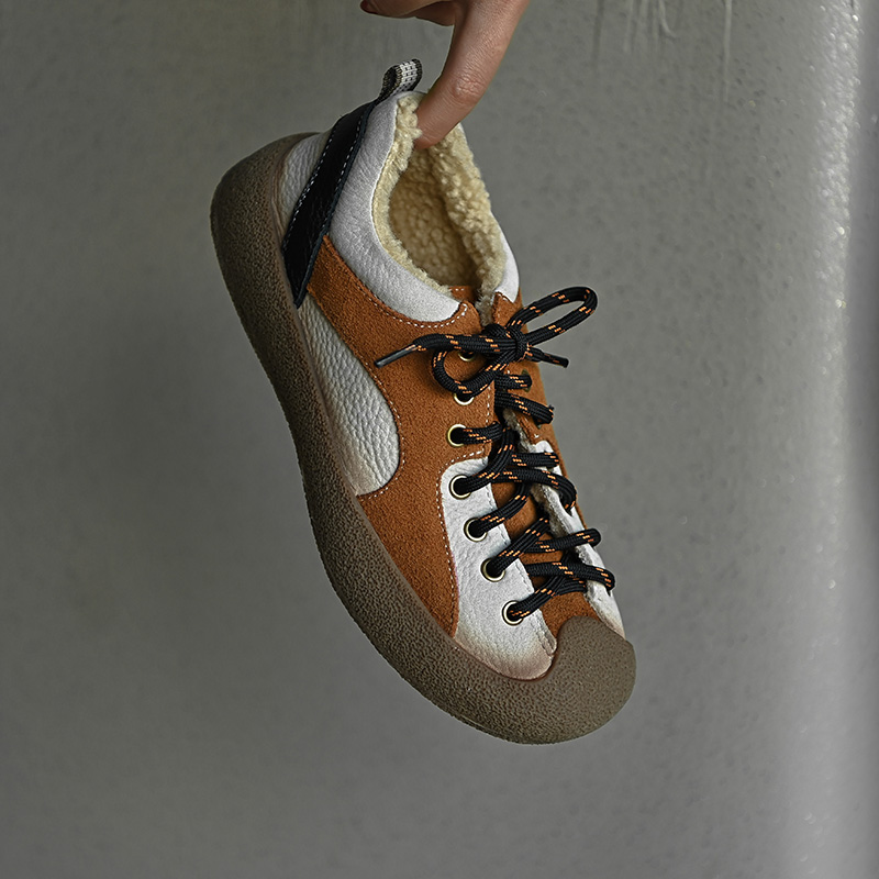 复古休闲圆头平底短毛绒德训鞋