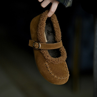 复古磨砂牛皮加绒玛丽珍鞋2025冬新款加绒圆头平跟软底休闲毛毛鞋