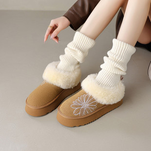 巨暖~超轻鞋底~3.5cm厚底羊羔毛雪地鞋女磨砂牛皮保暖勃肯鞋40码