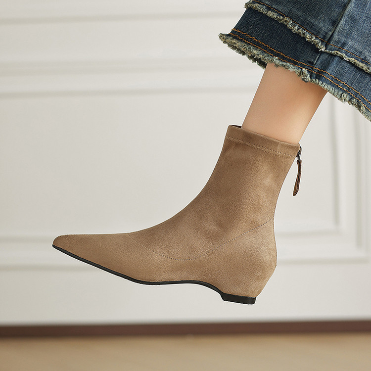 巨显瘦~法式简约短靴子女尖头内增高中跟弹力靴后拉链瘦瘦靴33-40
