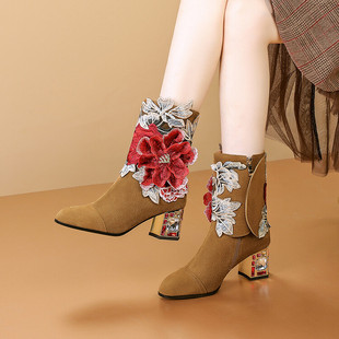 两种穿法|可拆卸绣花 国风新中式牛翻皮磨砂短靴民族风高跟靴子