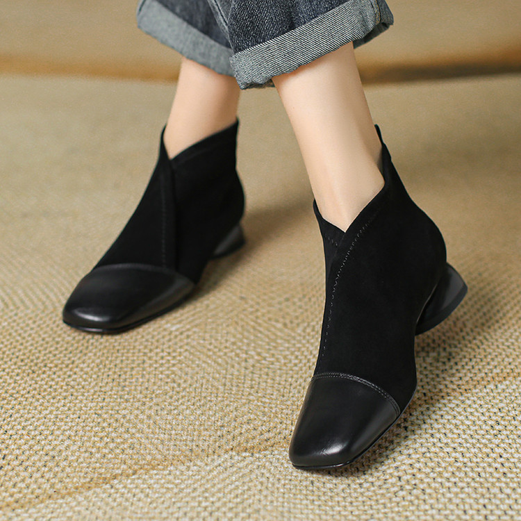 复古法式方头真皮拼接弹力靴