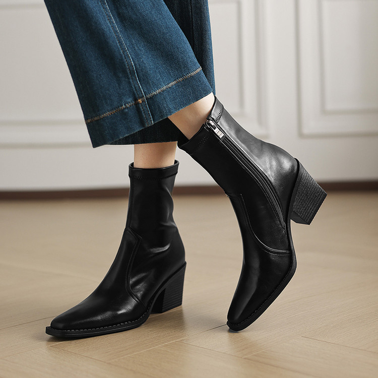 巨软~干练通勤方头短靴女6.5cm粗高跟瘦瘦靴侧拉链气质加绒靴子