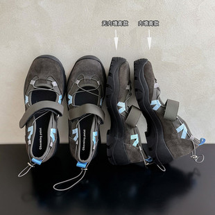 运动风牛翻皮魔术贴玛丽珍鞋女休闲拼色单鞋厚底机能芭蕾鞋大码41