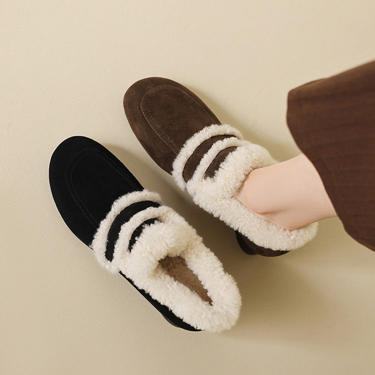 巨暖~羊羔毛领加绒保暖乐福鞋3cm博肯圆头复古磨砂真皮一脚蹬单鞋