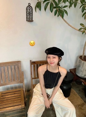 Sun黑色吊带背心女夏季2023新款法式设计感束腰显瘦无袖上衣女