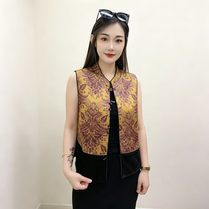 复古印花拼接马夹显瘦百搭国风马甲女中老年妈妈装新款小个子马甲