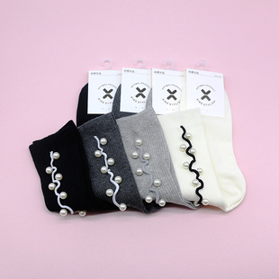 西客优品 秋冬木耳边订珍珠甜美纯色无骨中高筒成人女袜252M2929