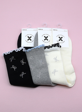 西客优品  秋冬木耳边点钻蝴蝶结甜美纯色中高筒成人女袜252M2924