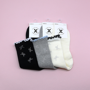 西客优品 秋冬木耳边点钻蝴蝶结甜美纯色中高筒成人女袜252M2924