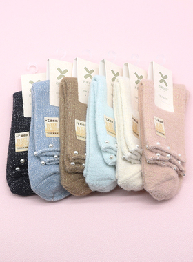 西客优品  冬款珍珠卷边暖暖绒加厚保暖中筒学生成人女袜252J2770