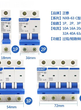 正泰小型断路器空气开关NXB-1P2P3P4P63a32a40a16A100A跳闸短路器