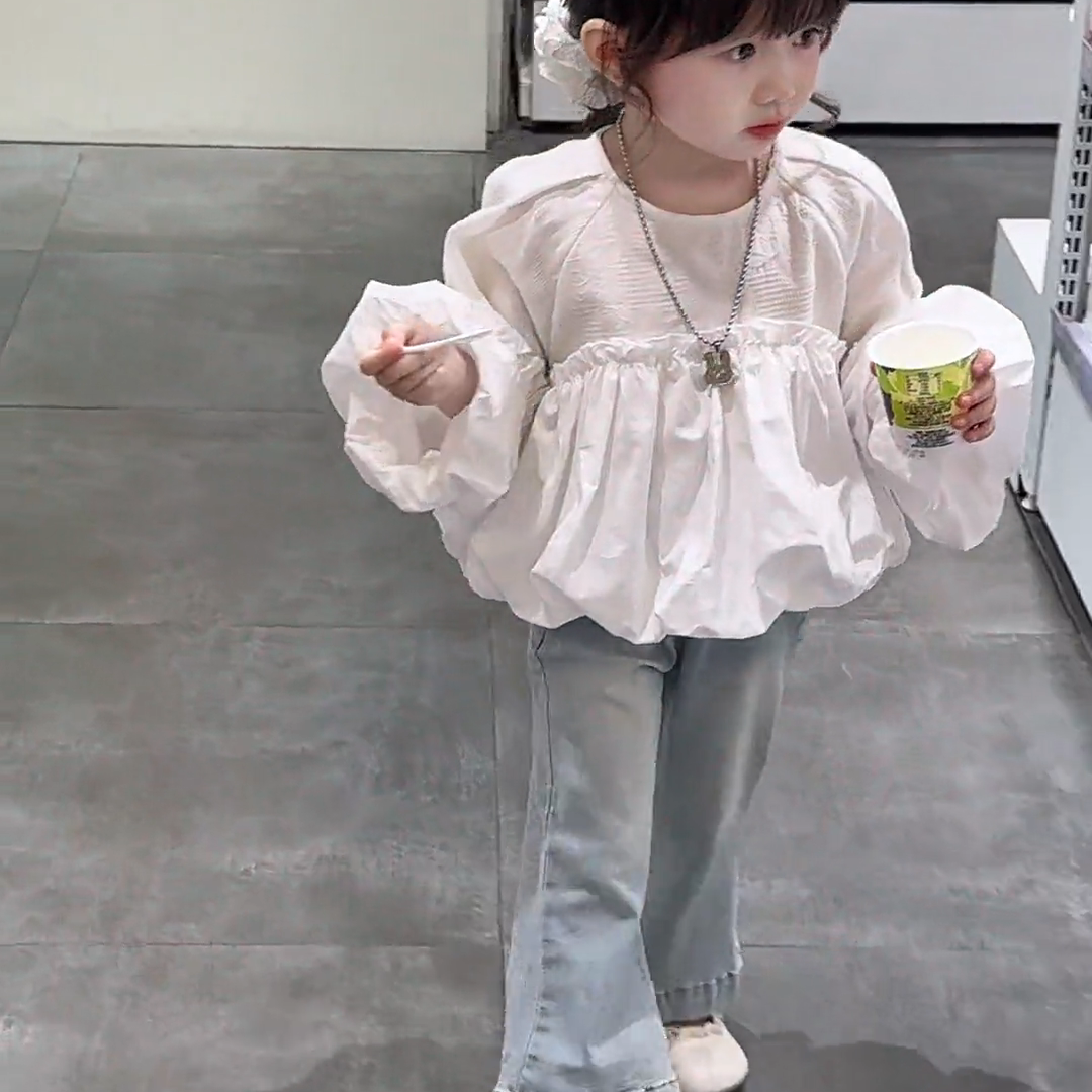 女童泡泡袖花苞衬衫牛仔裤套装2套装