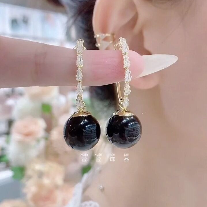 妾之意法式黑色珍珠微镶耳坠女