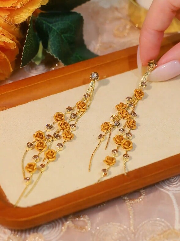 名媛个性咖色玫瑰花流苏耳环女长款轻奢感气质精致耳坠显脸瘦耳饰