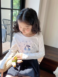 T恤 印花纯棉甜美白色长袖 2026春秋新款 法国小樱桃女大童打底衫