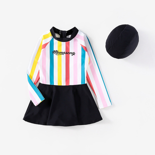 P乾防晒泳装 泳衣儿童女孩洋派连身长袖 宝宝可爱游泳衣女童速干