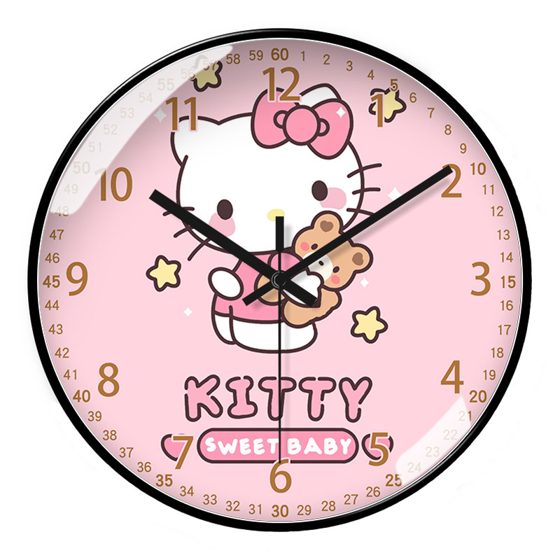 客厅卧室儿童挂钟圆形凯蒂猫时钟静音电波钟卡通钟表Kitty可爱女