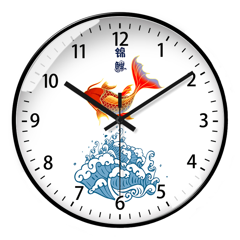 新中式客厅挂墙挂钟锦鲤钟表年年有余国风装饰静音电波钟卫星对时