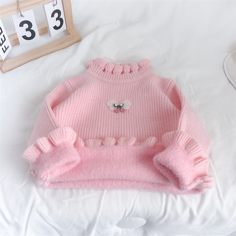 女童甜美打底针织衫2025秋冬女宝宝一体绒套头毛衣公主内搭毛线衣