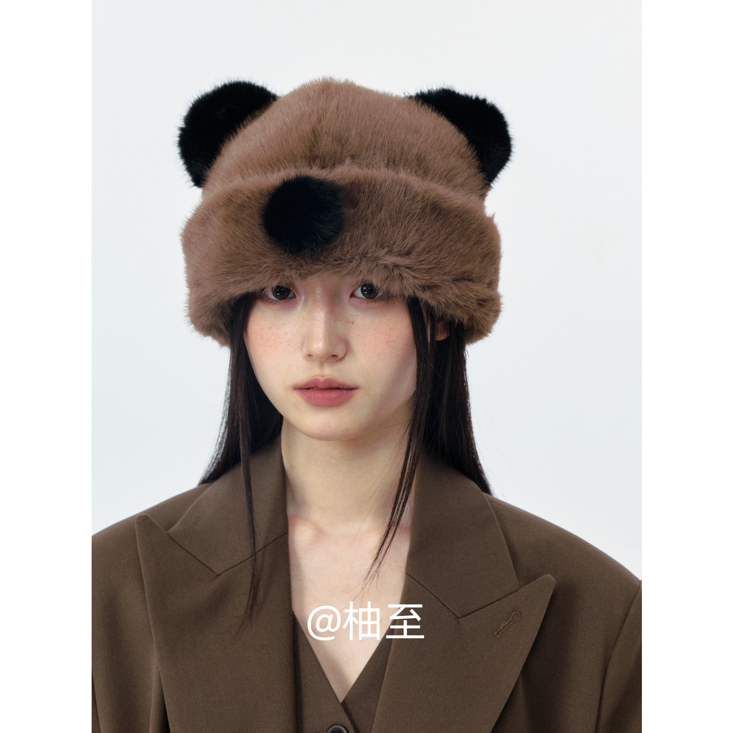 带鼻子的小熊耳朵毛绒帽子女可爱秋冬韩版日系防寒保暖包头帽ins