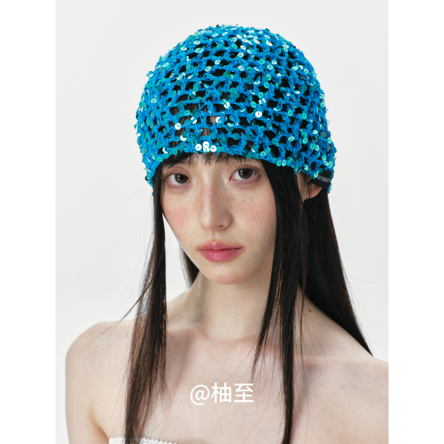 小众湖蓝色亮片镂空包头帽子女春秋夏街头时髦韩版日系套头帽ins