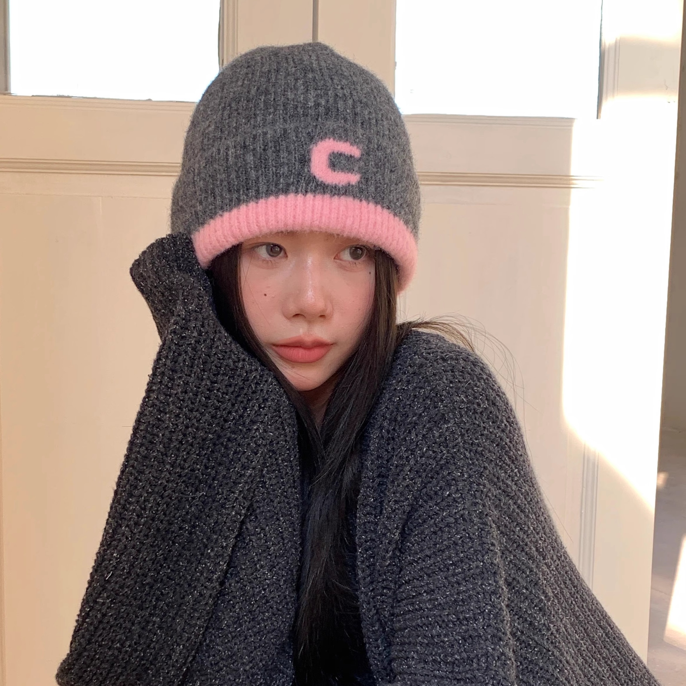 秋冬含羊毛高品质灰粉撞色字母包头帽百搭大头围护耳针织毛线帽子