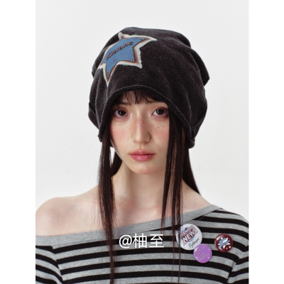 大星星印花堆堆帽子女春秋街头韩版日系百搭显脸小套头帽包头帽潮