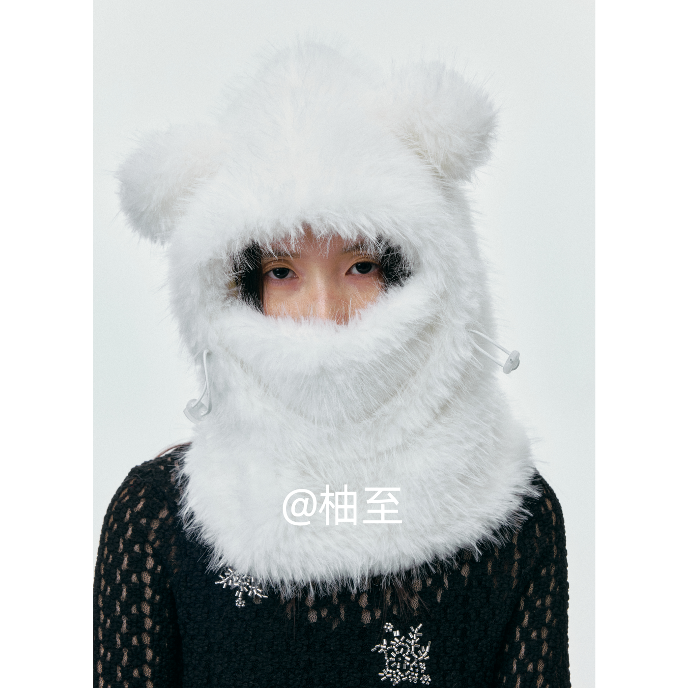 白色可爱小熊耳朵毛绒帽子面罩围脖披肩一体多件套女秋冬防寒保暖