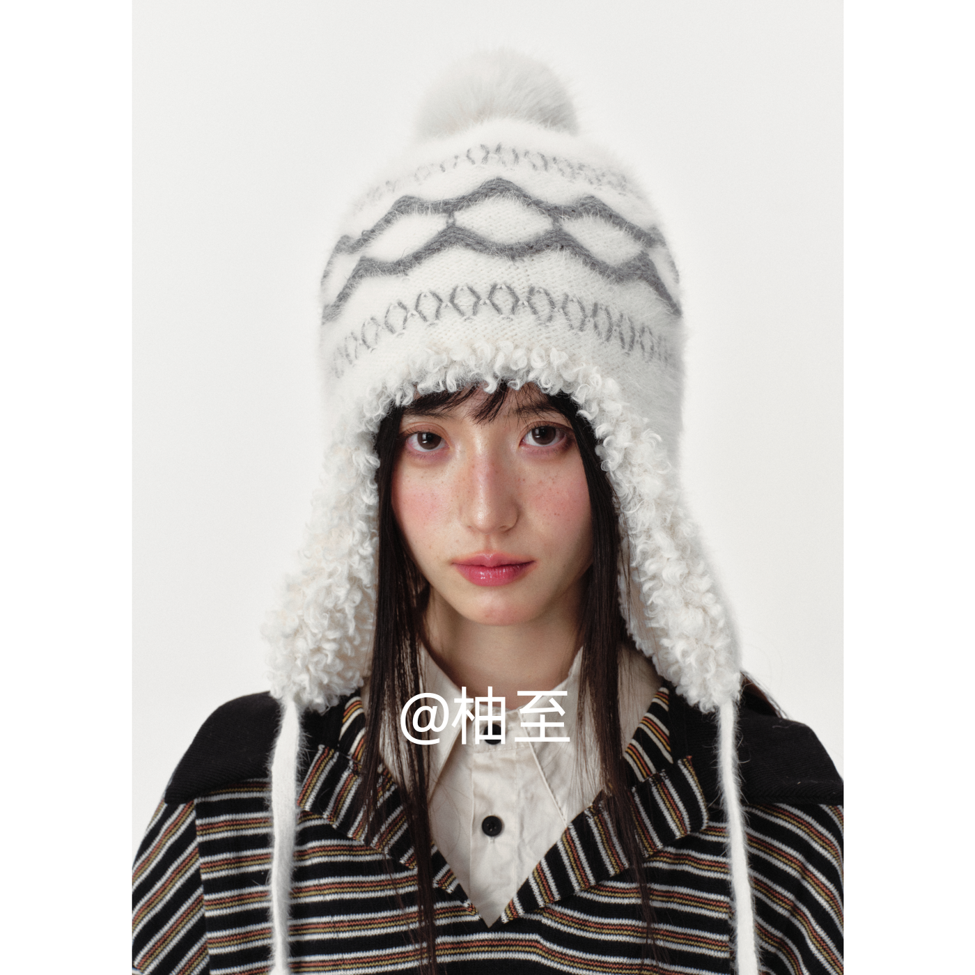 提花毛线帽女冬季加绒百搭护耳针织毛球帽保暖防风显脸小套头帽子