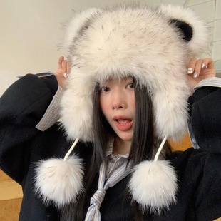 加厚加绒可爱熊猫耳朵帽子女2024秋冬日系新款防寒保暖护耳雷锋帽