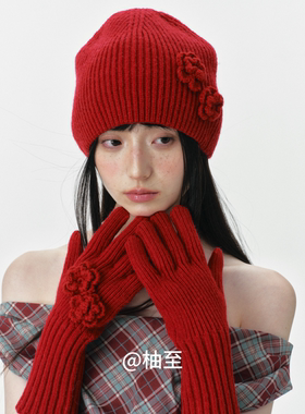 时尚红色立体花朵包头帽子女秋冬街头韩版日系显脸小毛线针织帽潮