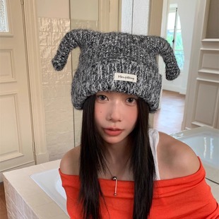 头上长角啦2024秋冬季新款针织帽女可爱帽子毛线编织包头帽潮ins