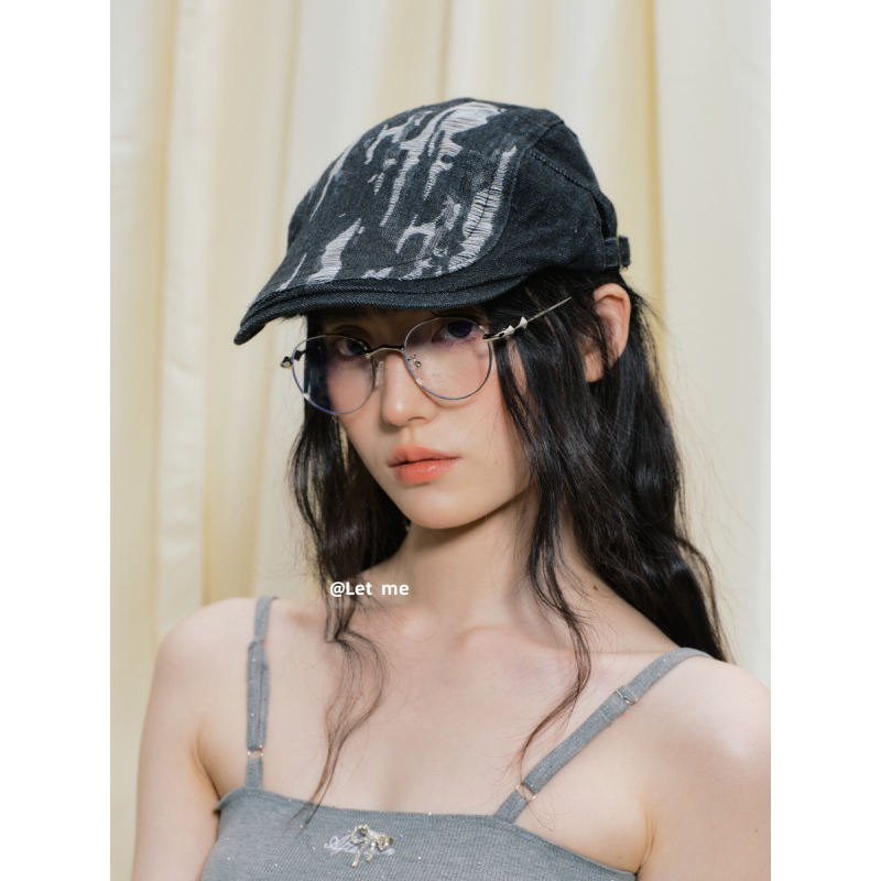 帽子女春夏休闲时尚牛仔破洞前进帽韩版辣妹鸭舌帽复古做旧贝雷帽