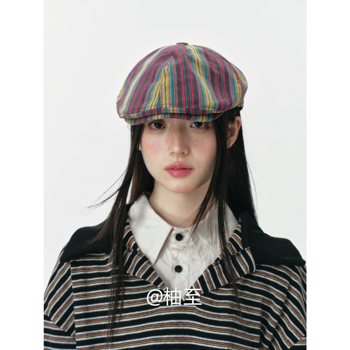 彩色条纹前进帽子女春秋街头复古韩版日系显脸小画家贝雷帽潮ins