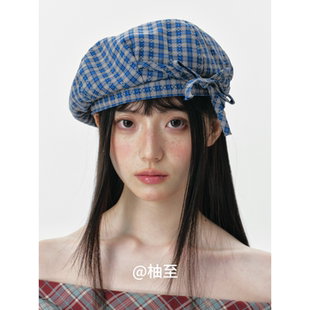 日系小清新蝴蝶结格纹贝雷帽子女夏季 春秋街头复古显脸小画家帽潮