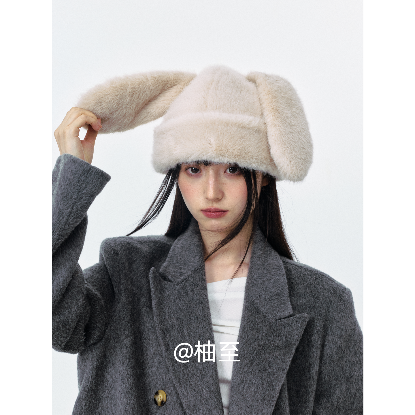 纯色兔子耳朵毛绒帽子女秋冬韩版日系显脸小防寒保暖包头帽潮ins