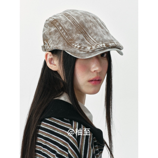 复古做旧牛仔前进帽子女春秋街头韩版 日系显脸小贝雷帽反戴鸭舌帽