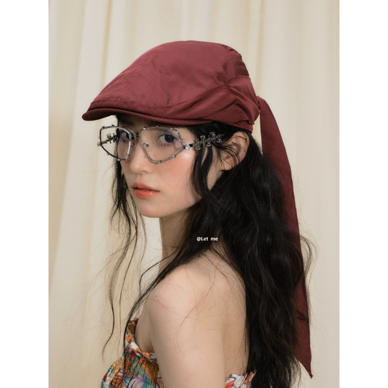 复古时髦小众设计款暗红色前进帽女2025夏季新款蝴蝶结画家帽子潮