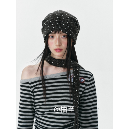 2025春秋新款包头帽子窄条围脖二件套女韩版日系百搭套头帽围巾潮