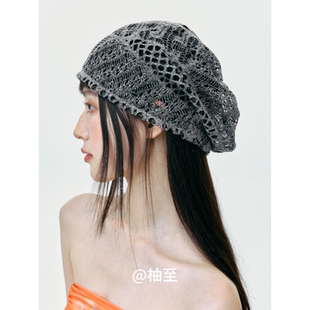 时髦镂空网眼编织包头帽子女夏街头透气韩版 日系套头帽宽松堆堆帽