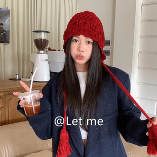 时尚手工编织镂空帽子女钩花民族风新款文艺毛线流苏包头帽春秋冬